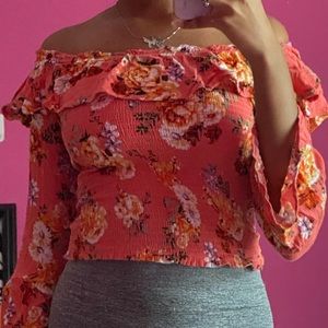Orange Floral Off the Shoulder Shirt
